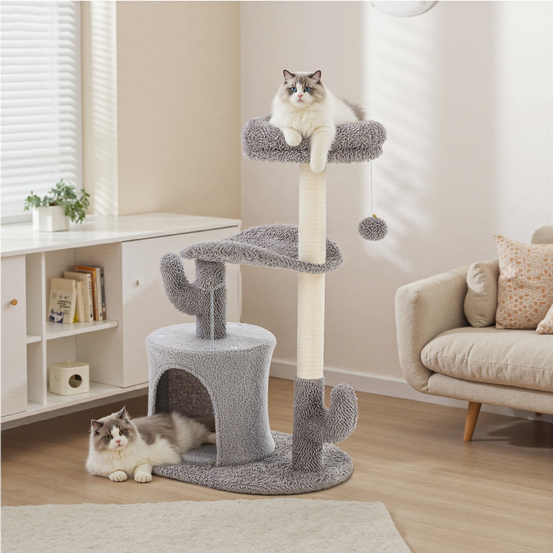 Small Cat Tree Tower with Curved Bed – 33" Cactus-Style Cat Scratching Post with Perches