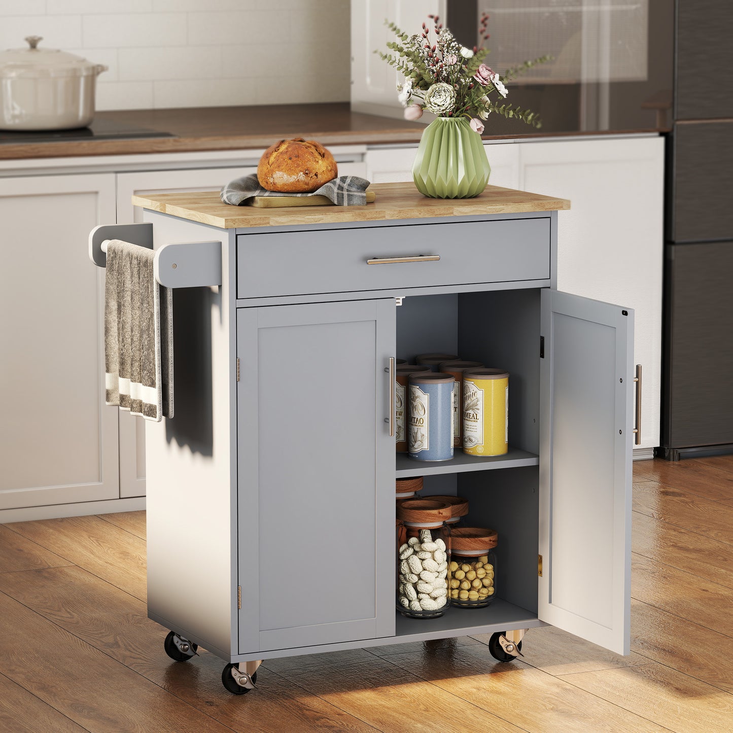 Kitchen Island Cart With Rubberwood Top And Adjustable Storage