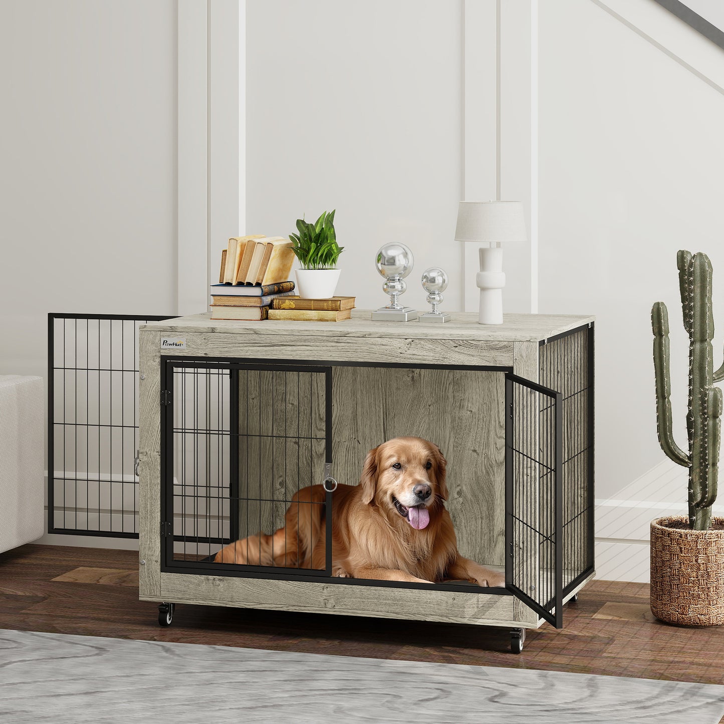 39 Inch Dog Crate Furniture Side Table with Wheels and Interchangeable Side Door