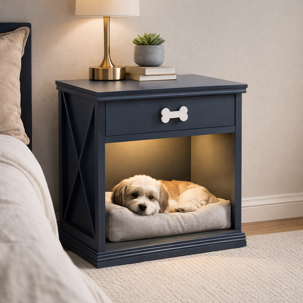 Vintage Pet Bed Side Table With LED Light And Drawer
