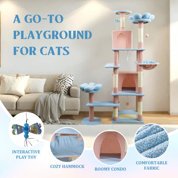 71-Inch Flower Cat Tree with Large Condo, Removable Flower Cushion & Hammock – Blue