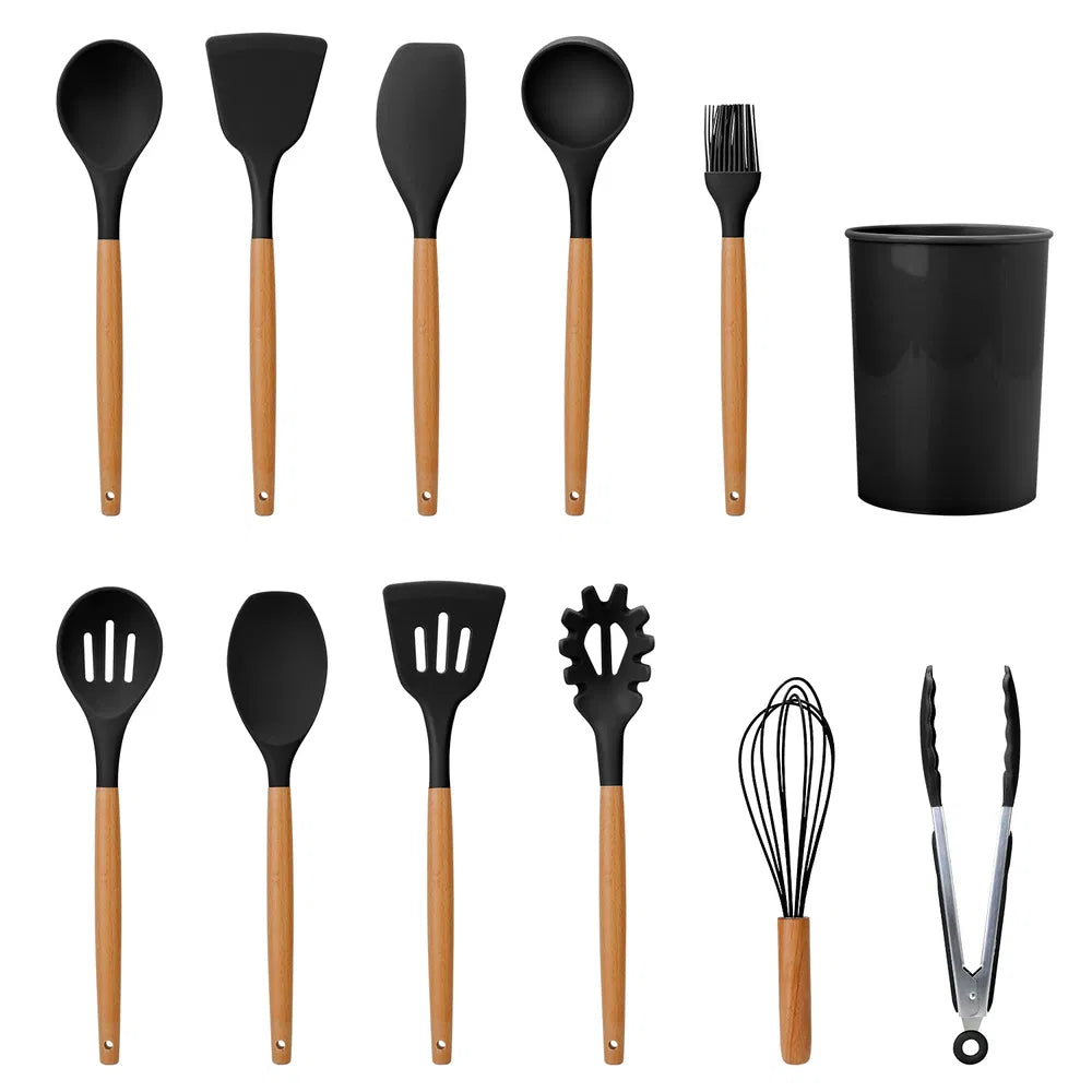 11 Piece Silicone Kitchen Utensil Set With Bamboo Handles
