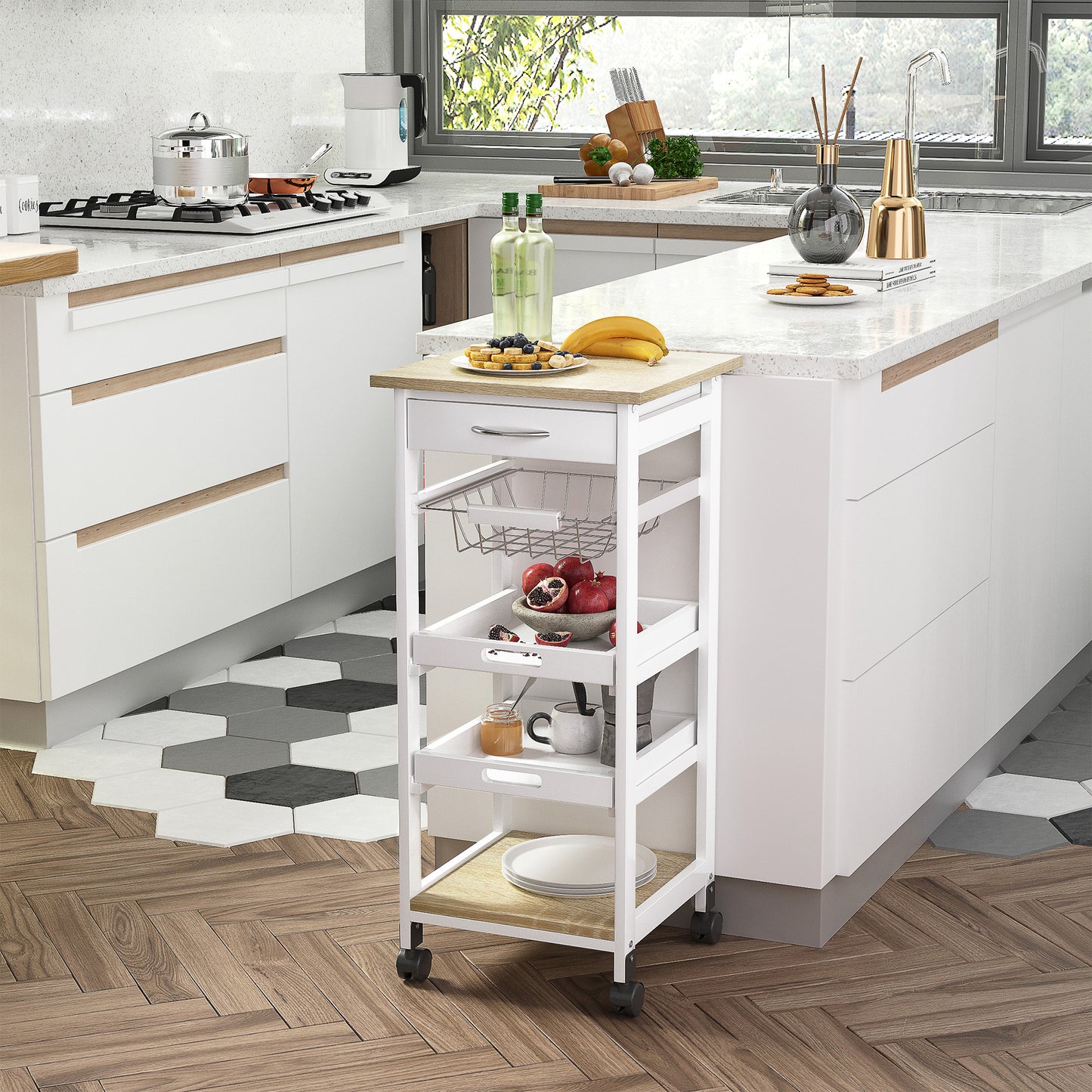 Mobile Kitchen Cart With Pull Out Trays And Storage