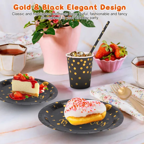 201 Piece Black And Gold Birthday Party Dinnerware Set