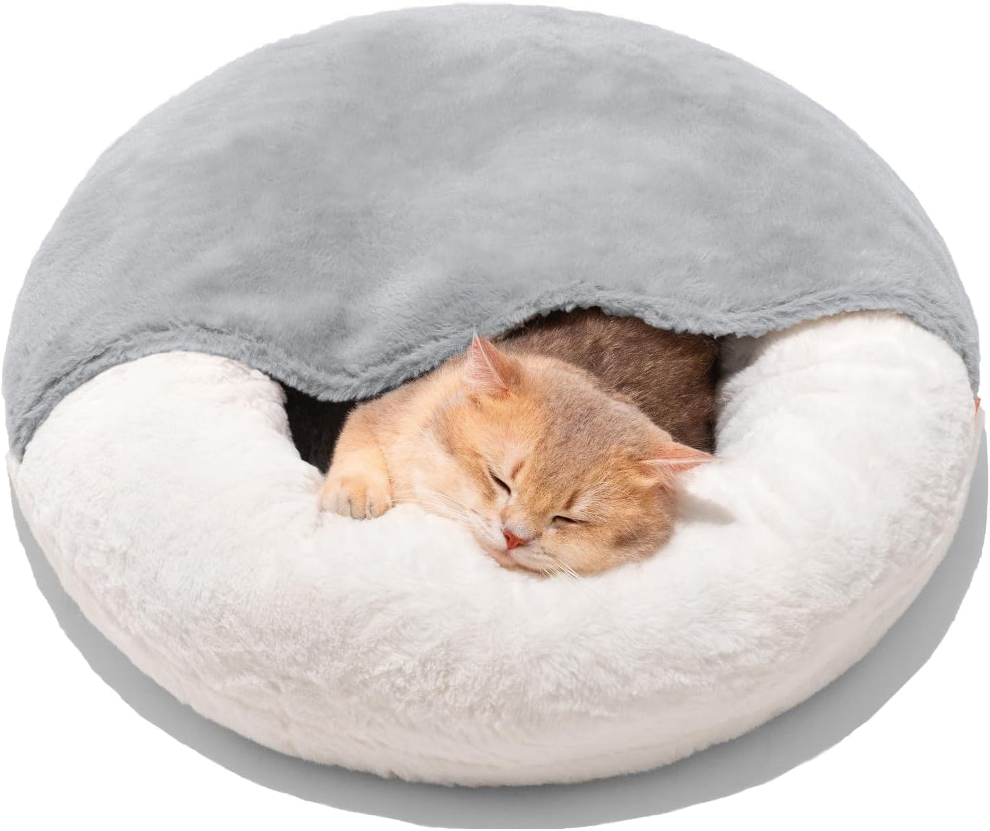Plush 2-in-1 Cat Cave Donut Bed With Hooded Blanket for Cats and Small Dogs