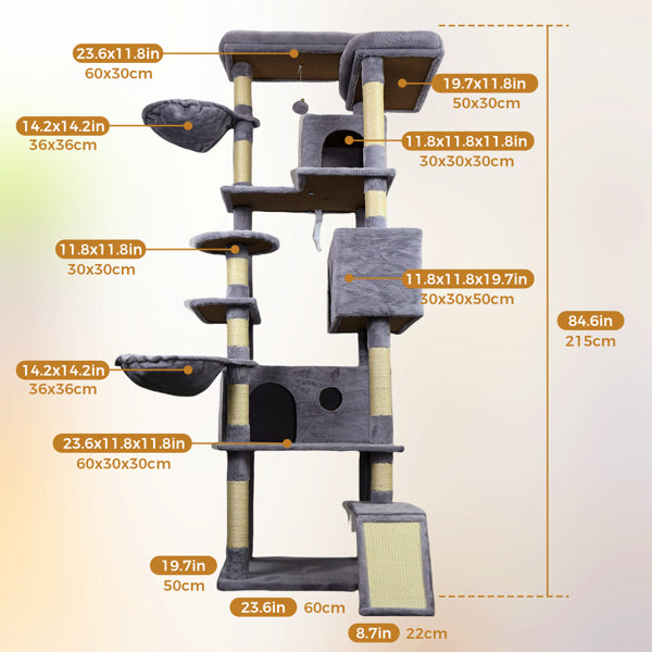 84.6-Inch Dark Gray Cat Tree Tower with Multiple Condos, Hammocks, Scratching Posts & Ladder