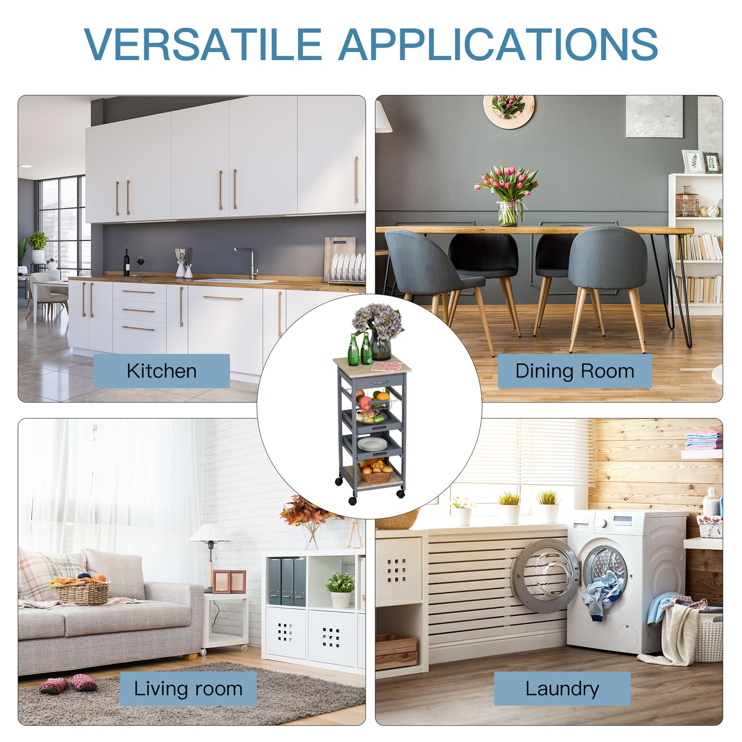 Mobile Kitchen Cart With Pull Out Trays And Storage