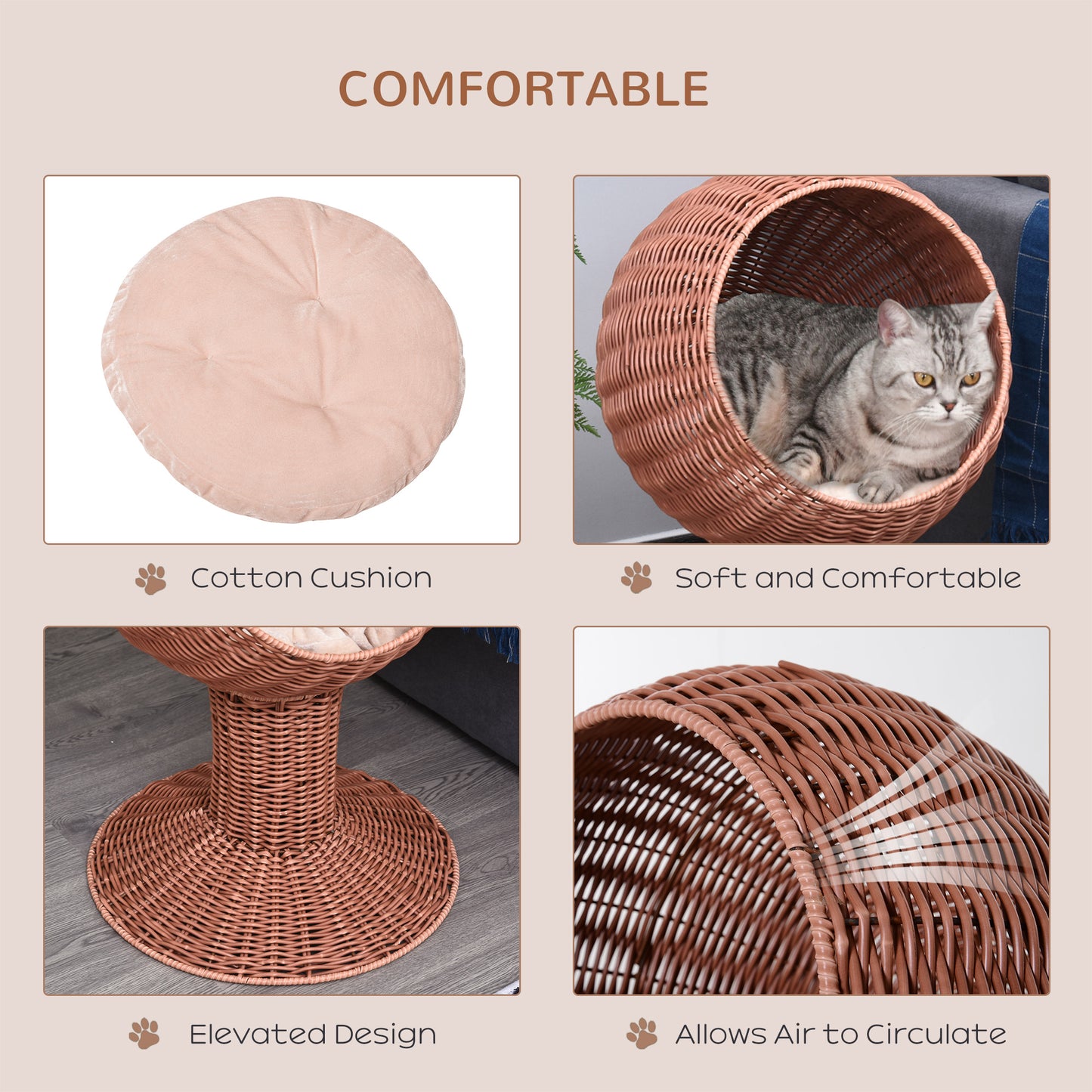 Rotating Elevated Cat Pod Bed with Woven Basket and Cushion