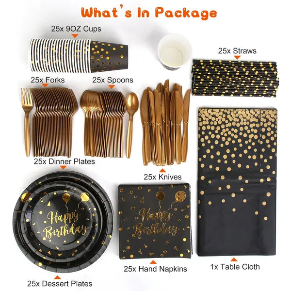 201 Piece Black And Gold Birthday Party Dinnerware Set