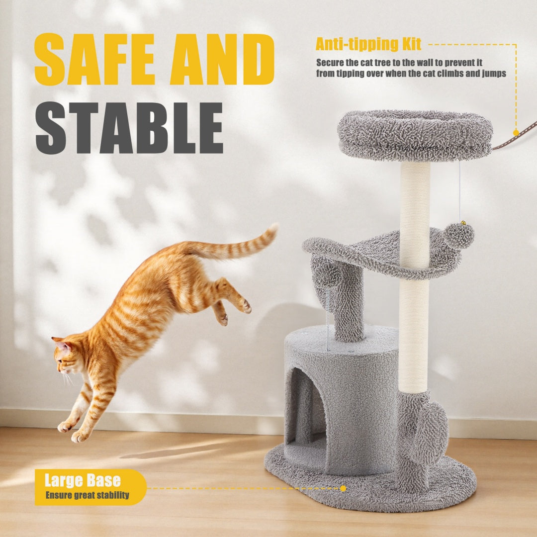 Small Cat Tree Tower with Curved Bed – 33" Cactus-Style Cat Scratching Post with Perches