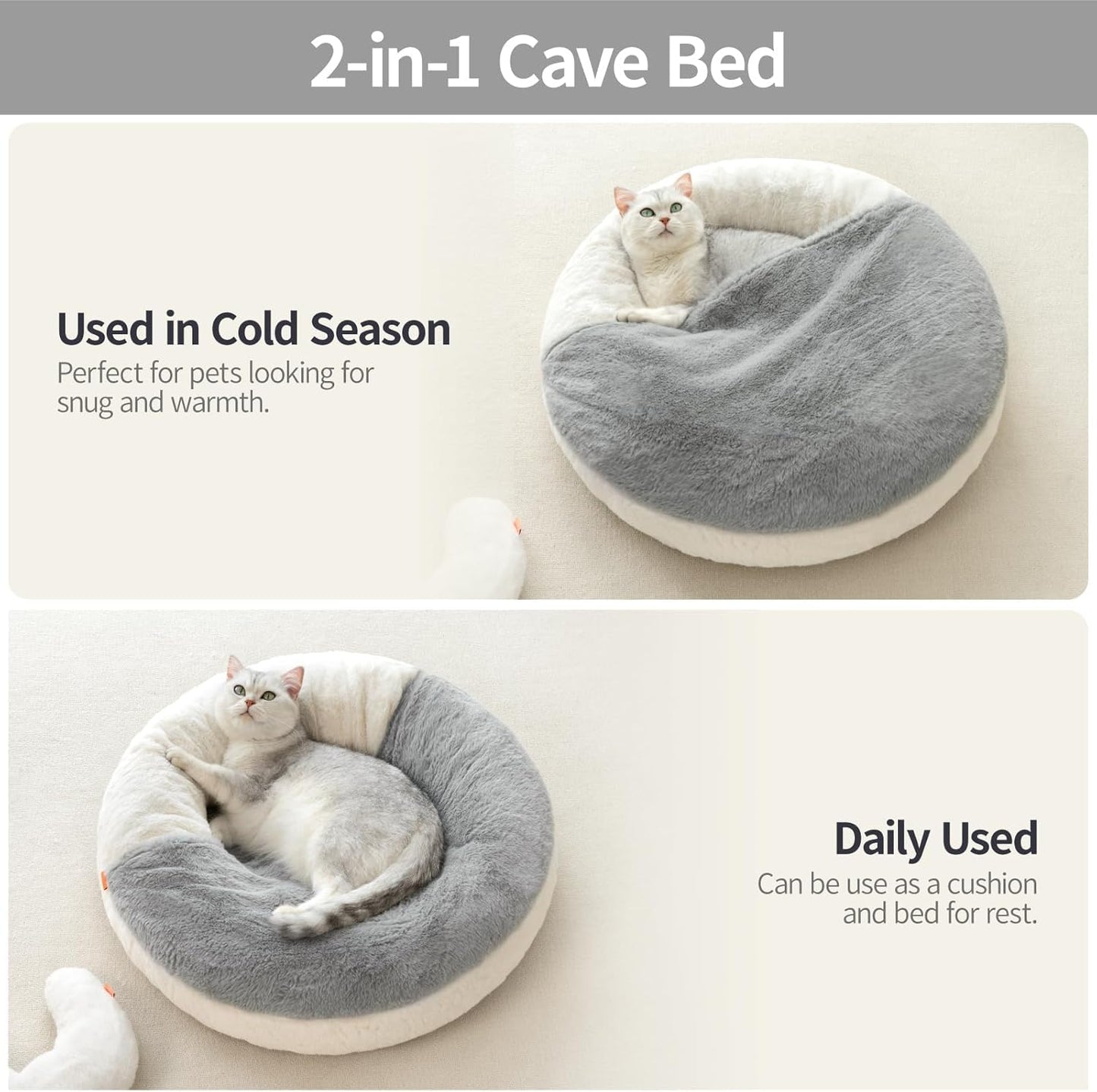 Plush 2-in-1 Cat Cave Donut Bed With Hooded Blanket for Cats and Small Dogs