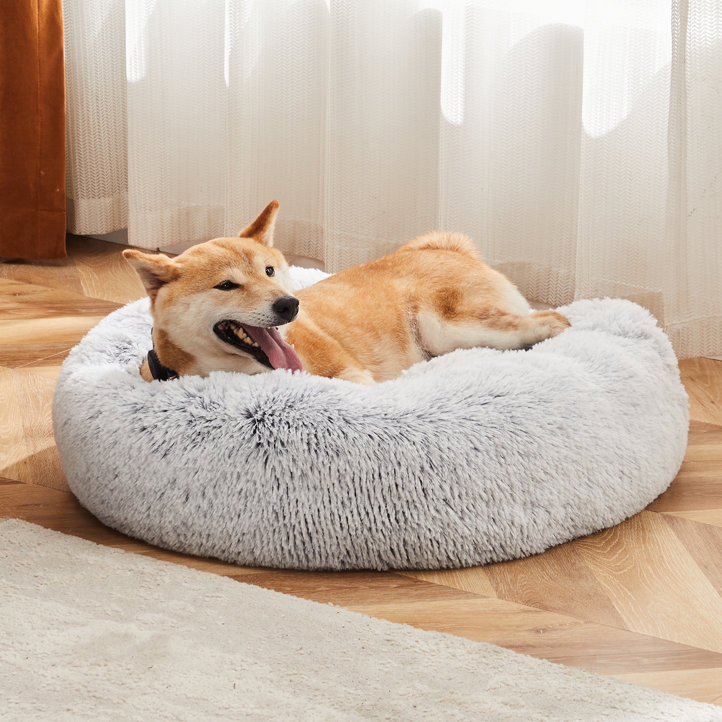 Round Plush Faux Fur Pet Bed with Anti Slip Base