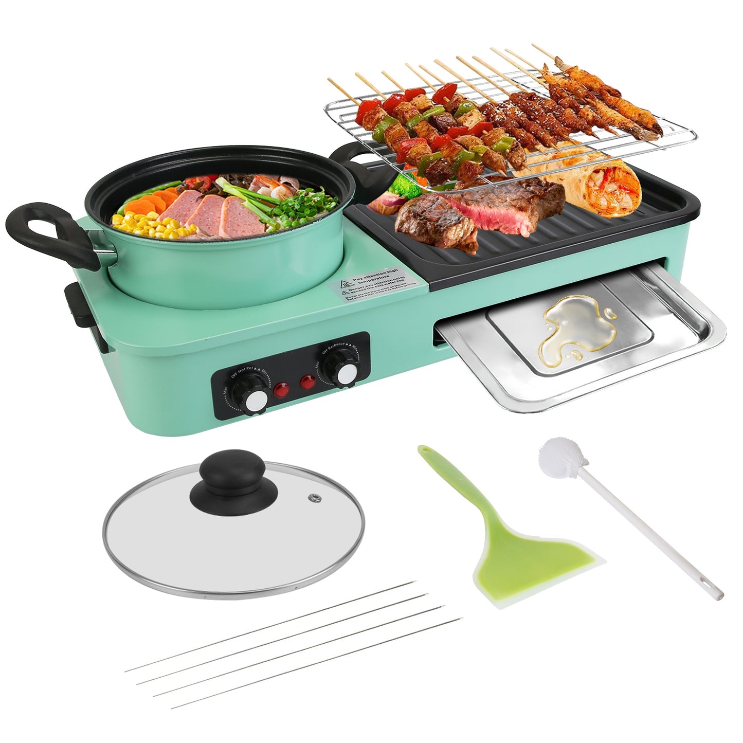 3 In 1 Electric Hot Pot And Grill Combo With Independent Temperature Control