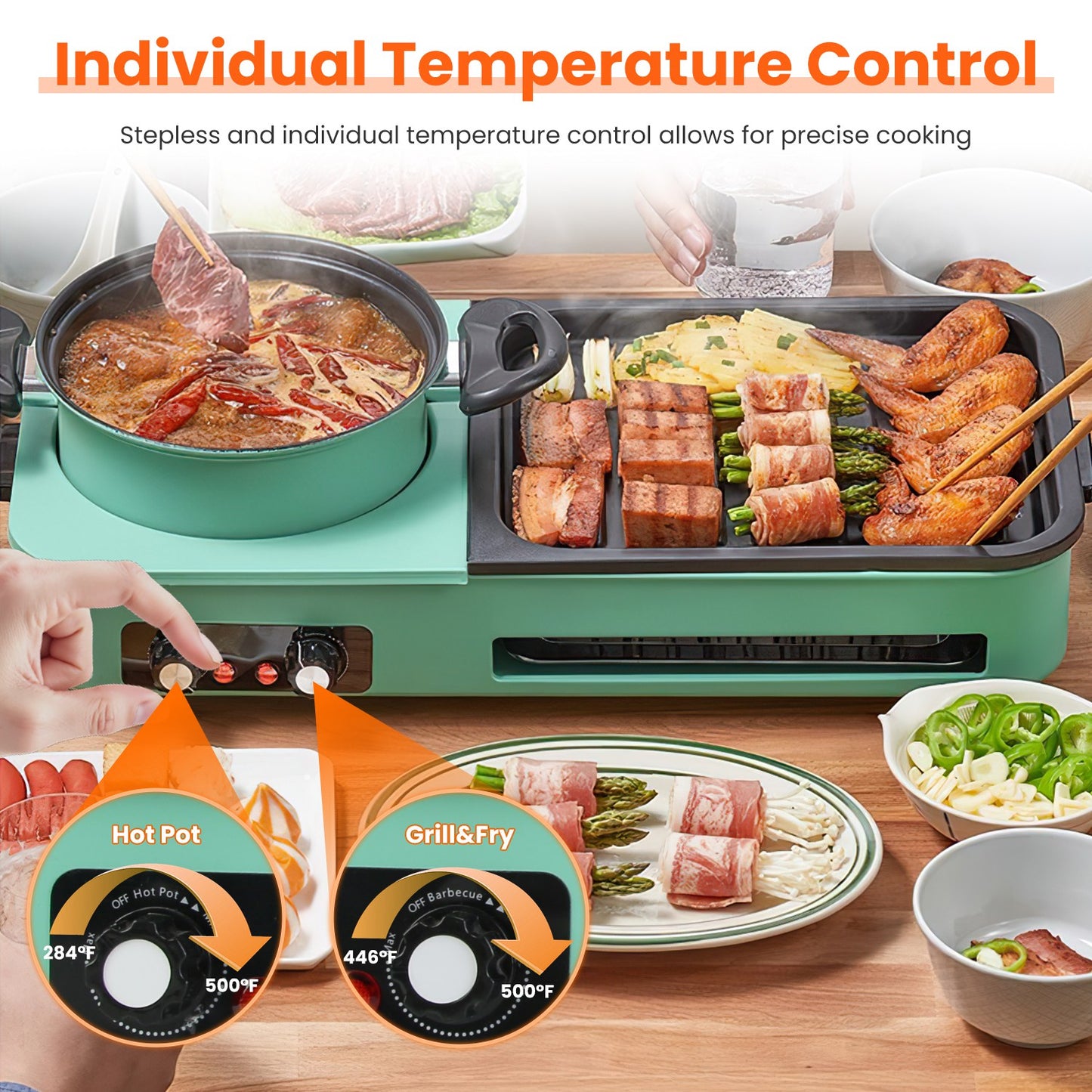 3 In 1 Electric Hot Pot And Grill Combo With Independent Temperature Control