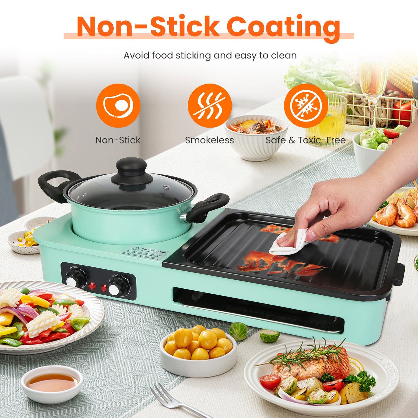 3 In 1 Electric Hot Pot And Grill Combo With Independent Temperature Control