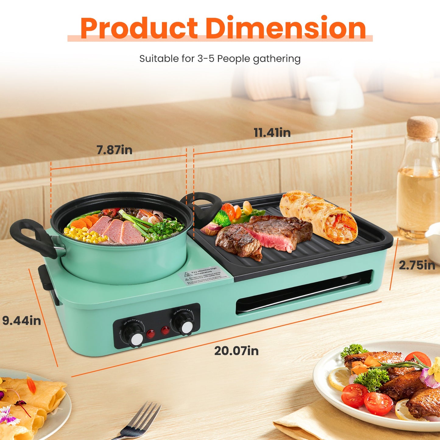 3 In 1 Electric Hot Pot And Grill Combo With Independent Temperature Control