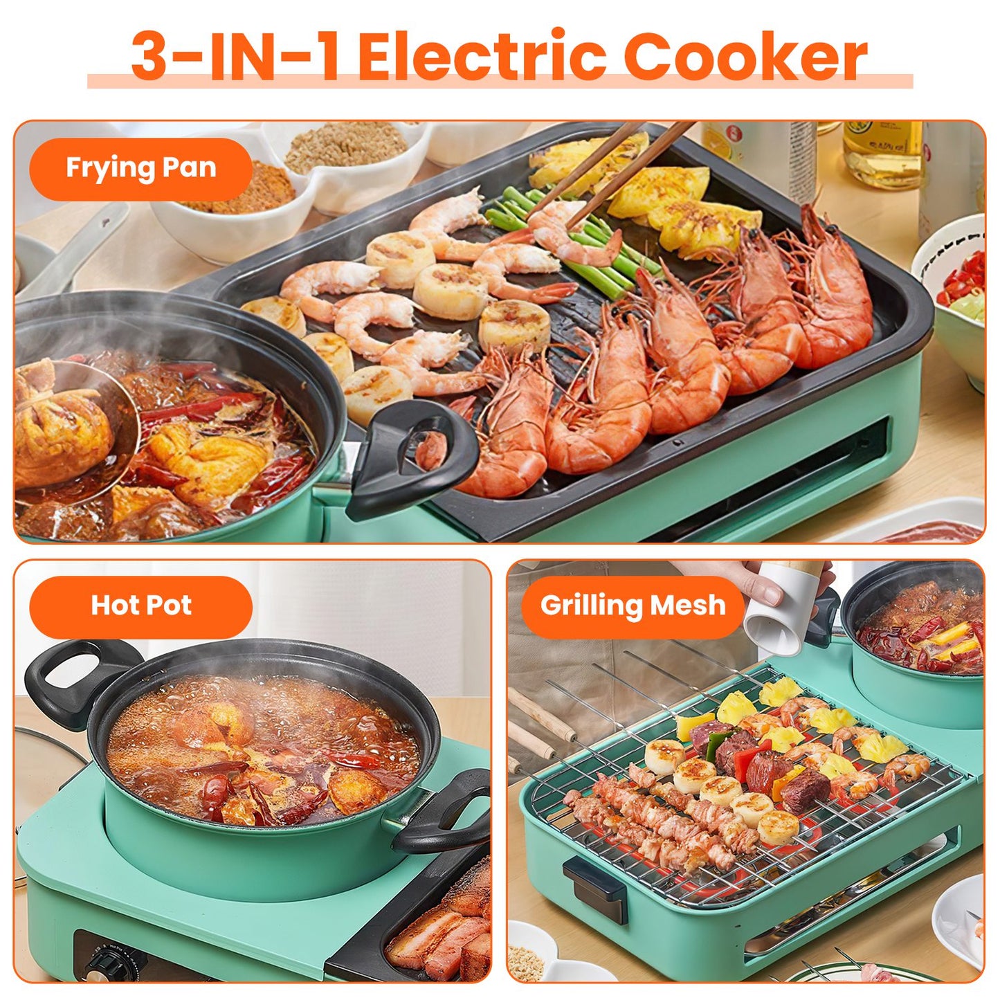 3 In 1 Electric Hot Pot And Grill Combo With Independent Temperature Control
