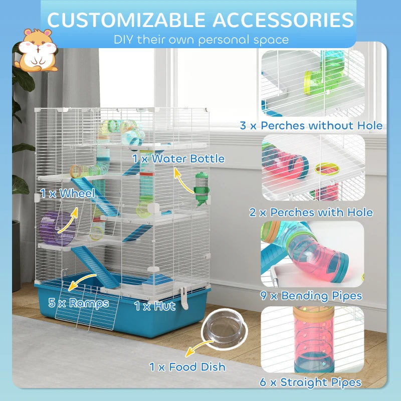 6-Tier Hamster & Gerbil Cage with Tubes, Wheel, Hut, Ramps, Bottle & Dish (Light Blue)
