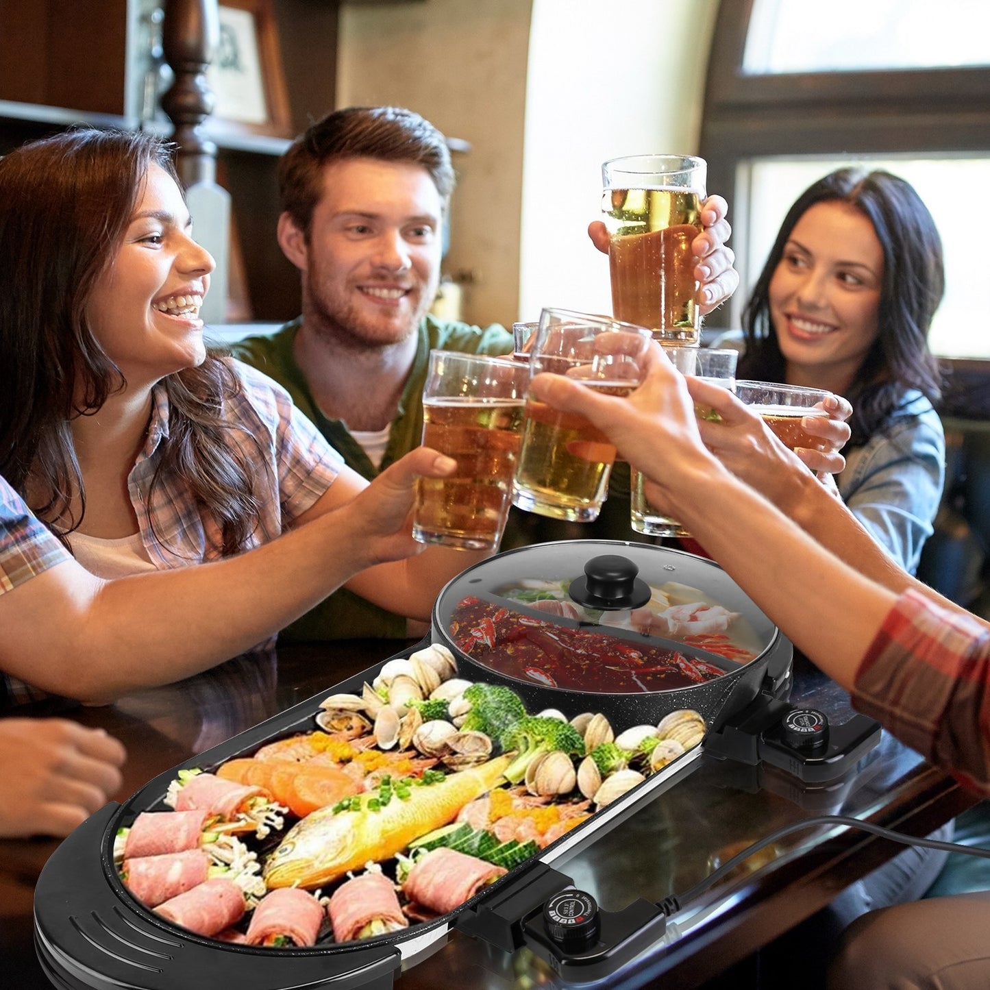 2 In 1 Electric Hot Pot And BBQ Grill Cooker With Independent Temperature Control