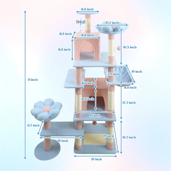 71-Inch Flower Cat Tree with Large Condo, Removable Flower Cushion & Hammock – Blue