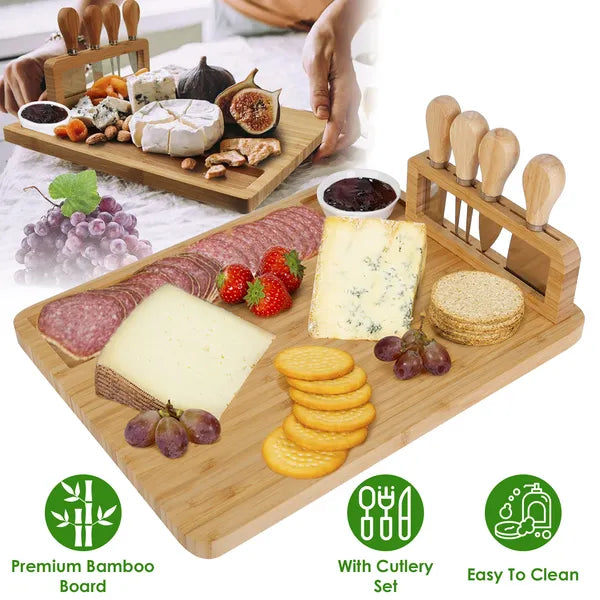 Bamboo Charcuterie Cheese Board Serving Tray With Cutlery Set