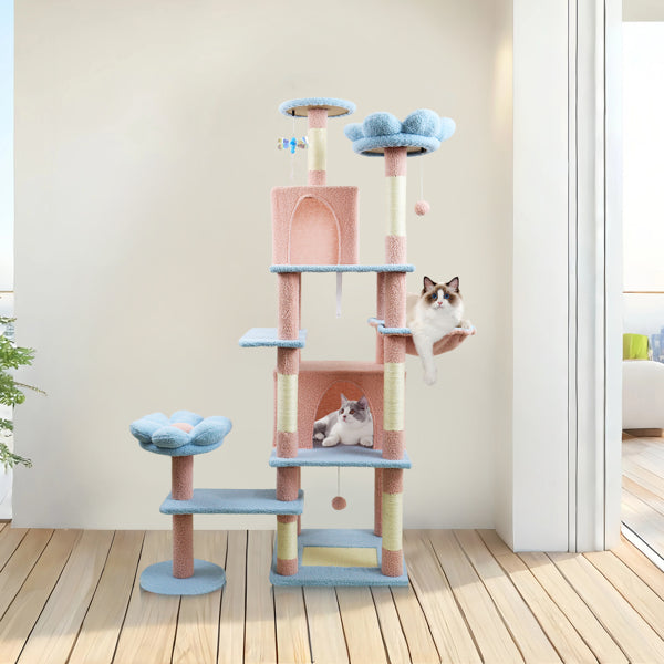 71-Inch Flower Cat Tree with Large Condo, Removable Flower Cushion & Hammock – Blue