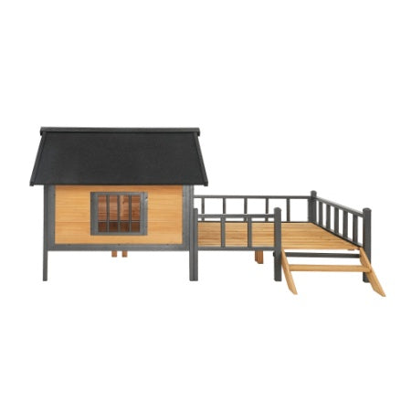 Outdoor Wooden Dog Kennel with Covered Cabin and Porch for Large Dogs