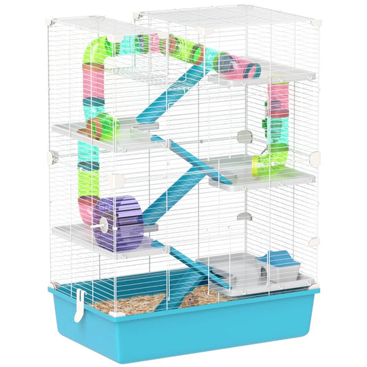 6-Tier Hamster & Gerbil Cage with Tubes, Wheel, Hut, Ramps, Bottle & Dish (Light Blue)