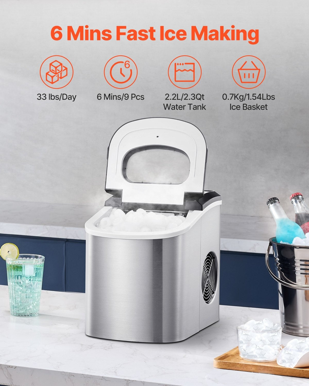 Portable Countertop Ice Maker 33 Lb Per Day Self Cleaning With Scoop Basket