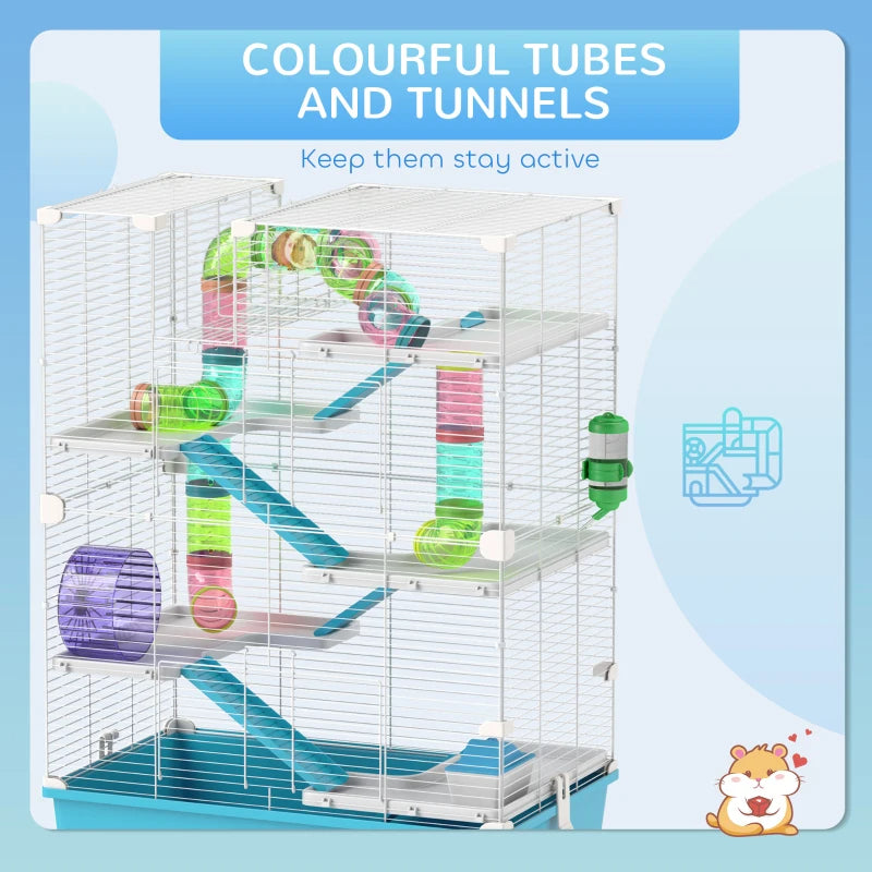 6-Tier Hamster & Gerbil Cage with Tubes, Wheel, Hut, Ramps, Bottle & Dish (Light Blue)