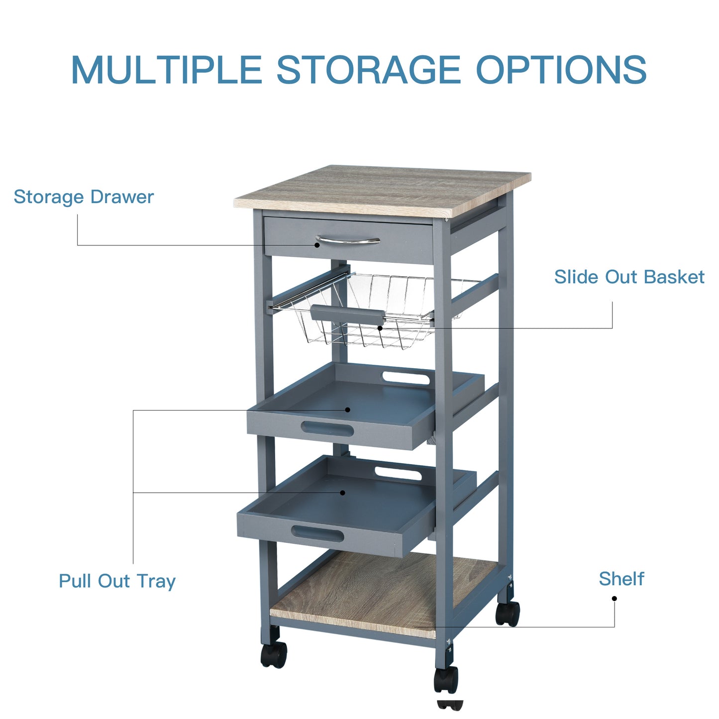 Mobile Kitchen Cart With Pull Out Trays And Storage