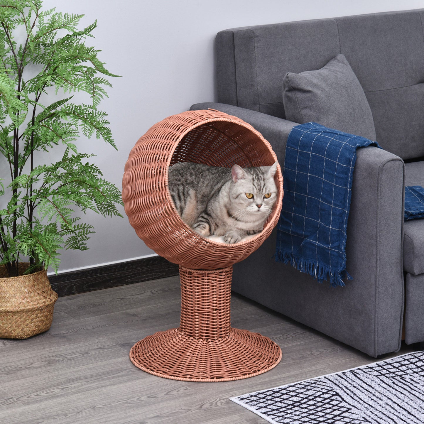 Rotating Elevated Cat Pod Bed with Woven Basket and Cushion
