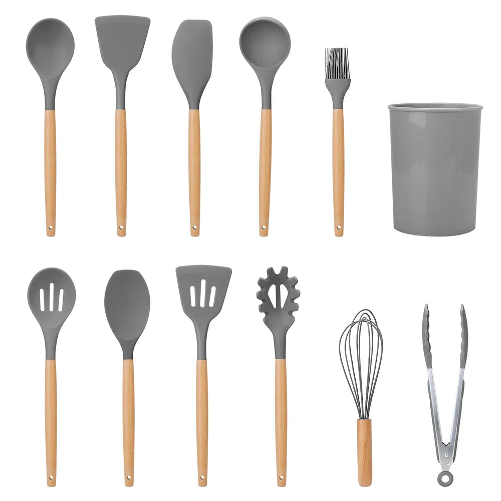 11 Piece Silicone Kitchen Utensil Set With Bamboo Handles