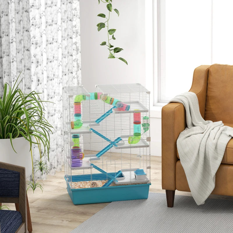 6-Tier Hamster & Gerbil Cage with Tubes, Wheel, Hut, Ramps, Bottle & Dish (Light Blue)