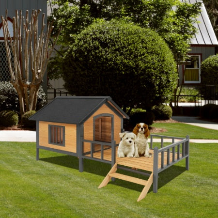 Outdoor Wooden Dog Kennel with Covered Cabin and Porch for Large Dogs