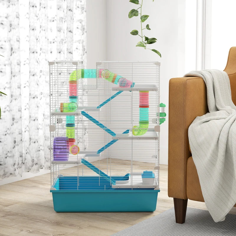 6-Tier Hamster & Gerbil Cage with Tubes, Wheel, Hut, Ramps, Bottle & Dish (Light Blue)