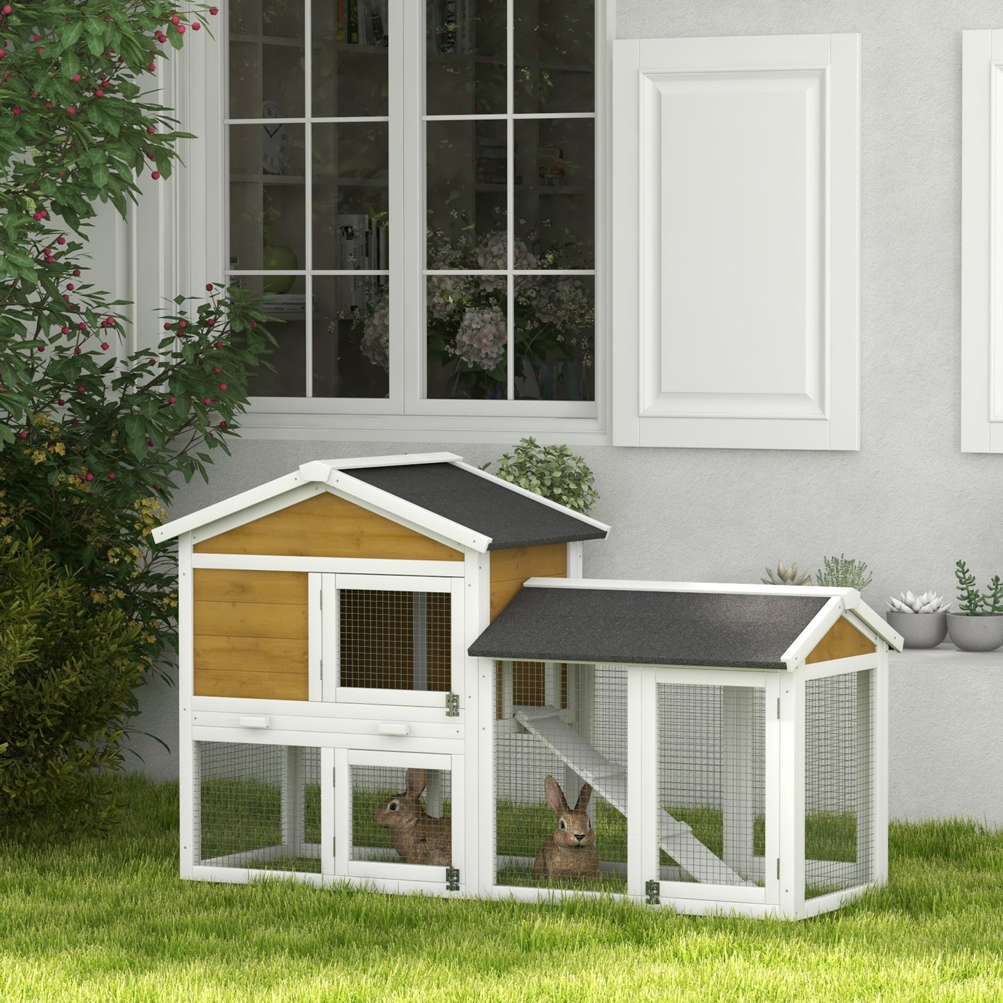 Wooden Rabbit Hutch with Run, Ramp, Removable Tray & Weatherproof Roof