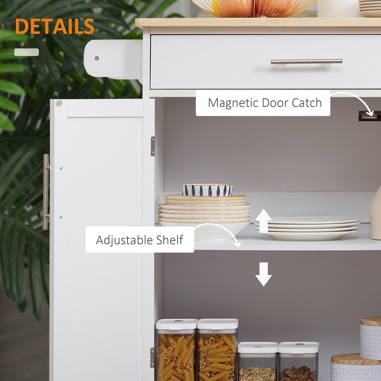 Kitchen Island Cart With Rubberwood Top And Adjustable Storage