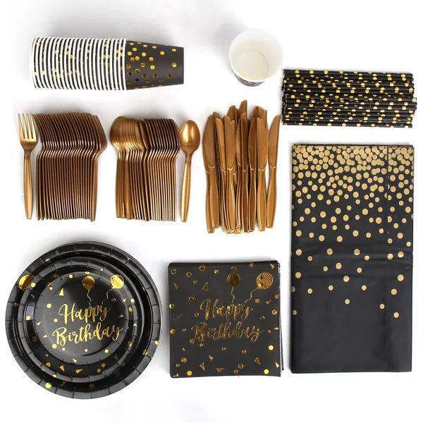 201 Piece Black And Gold Birthday Party Dinnerware Set