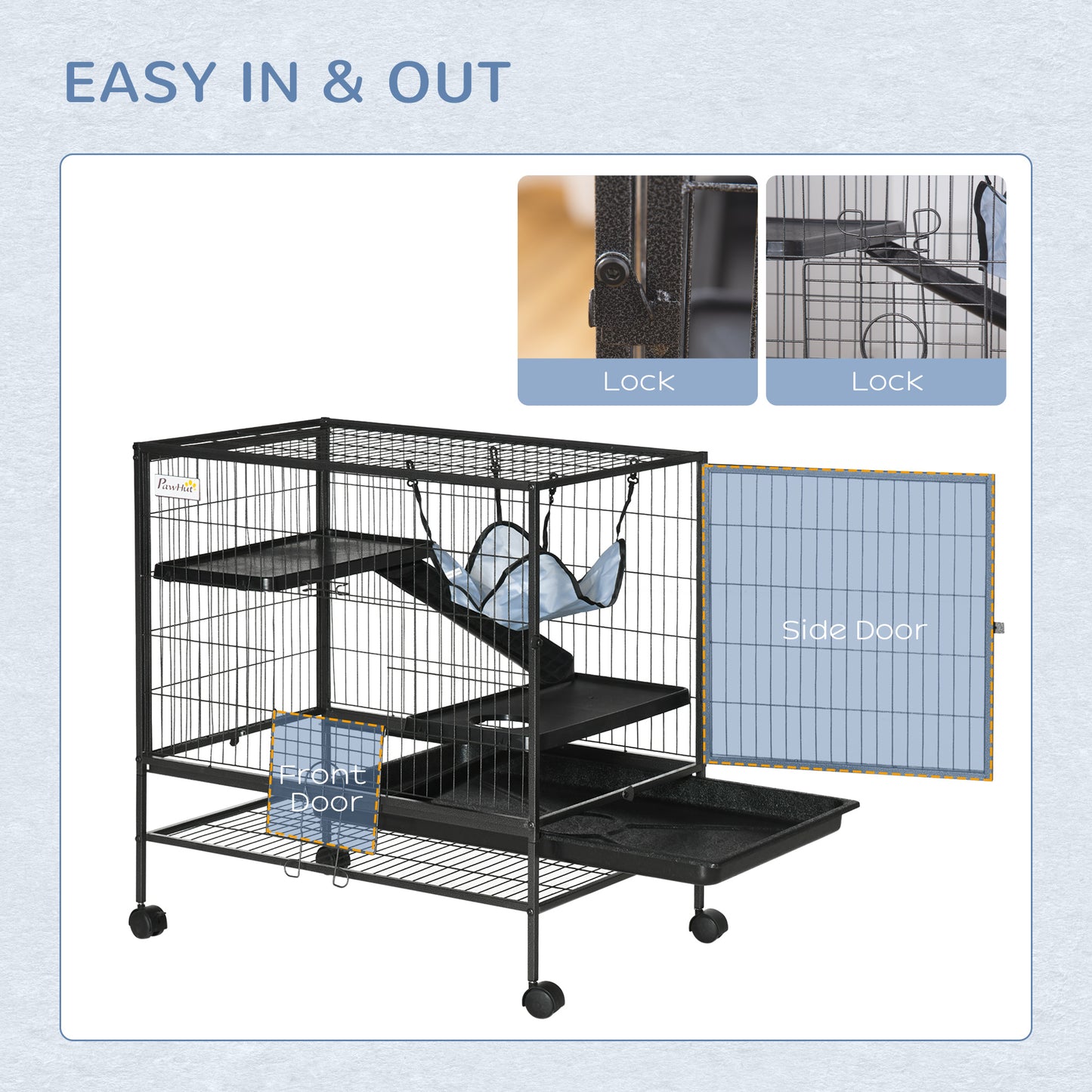 3 Tier Rolling Small Animal Cage with Ramps, Hammock and Storage Shelf
