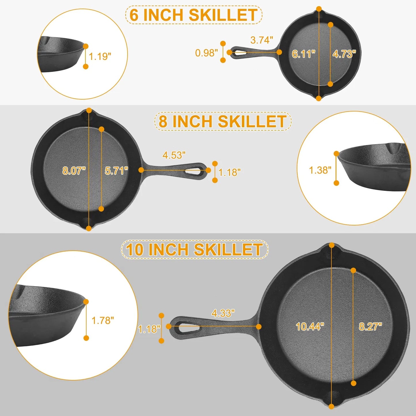 3 Piece Pre Seasoned Cast Iron Skillet Set