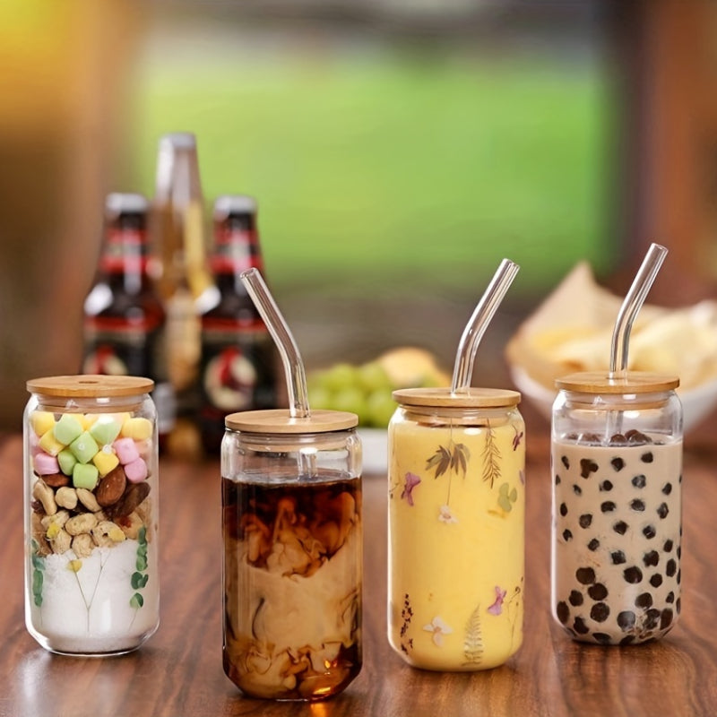 Glass Cup With Bamboo Lid And Reusable Straw