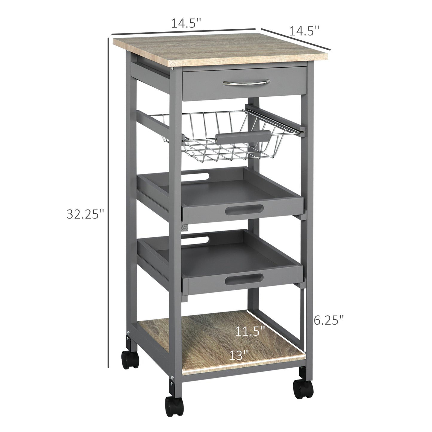 Mobile Kitchen Cart With Pull Out Trays And Storage