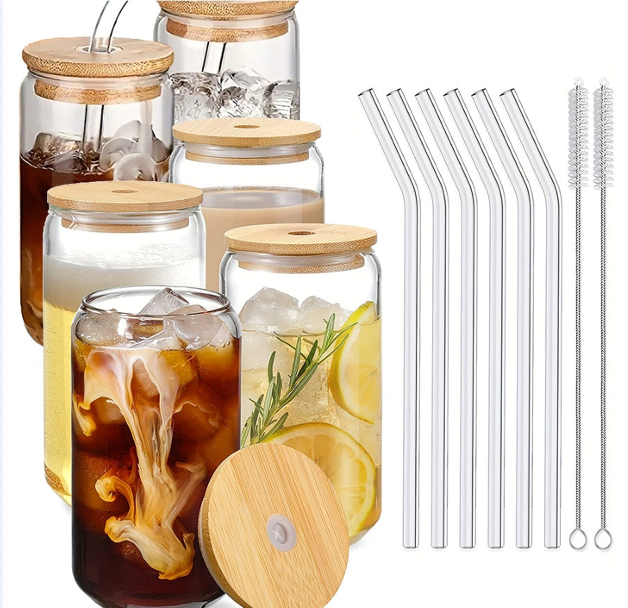 Glass Cup With Bamboo Lid And Reusable Straw