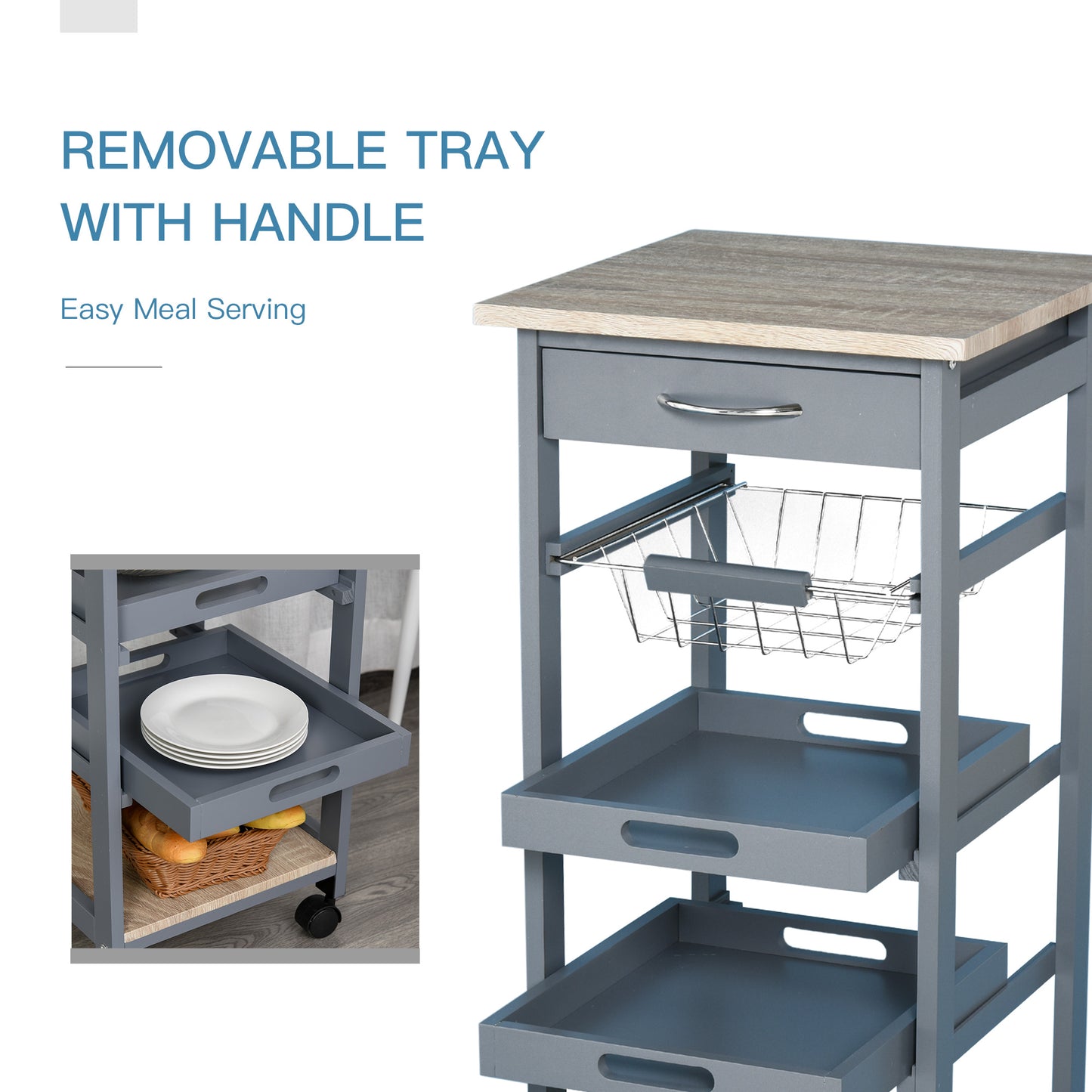 Mobile Kitchen Cart With Pull Out Trays And Storage