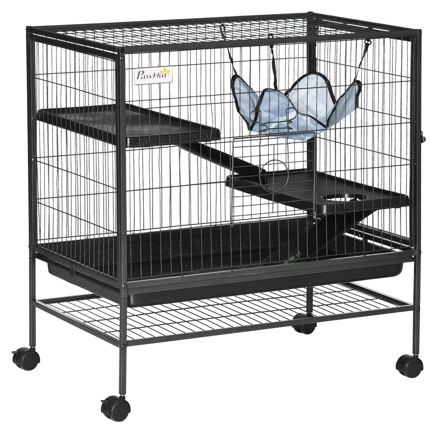 3 Tier Rolling Small Animal Cage with Ramps, Hammock and Storage Shelf