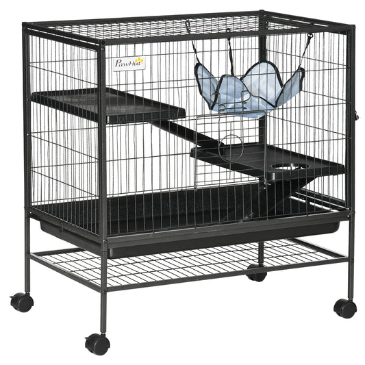 3 Tier Rolling Small Animal Cage with Ramps, Hammock and Storage Shelf