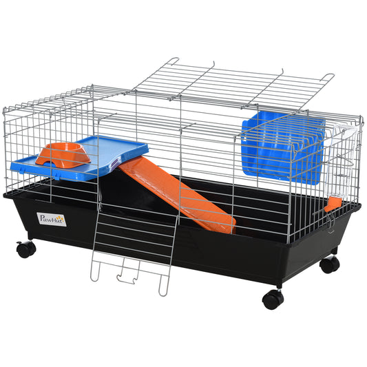 35-Inch Wheeled Small Animal Cage with Platform, Ramp & Feeding Accessories