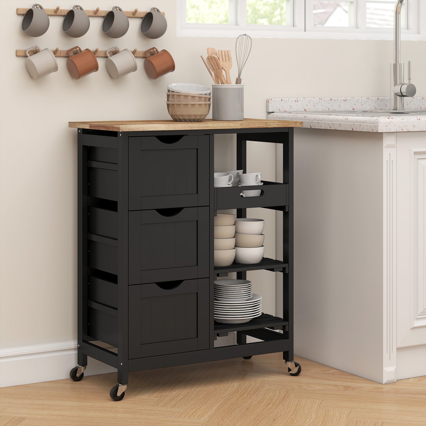 Rolling Kitchen Cart With Drawers, Shelves, And Tray