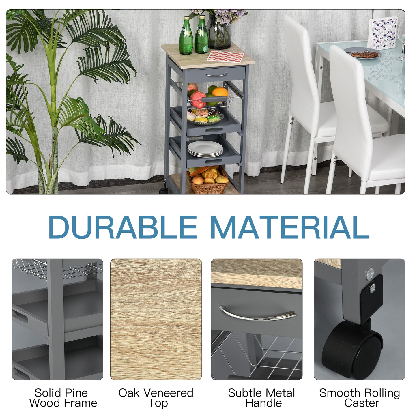 Mobile Kitchen Cart With Pull Out Trays And Storage